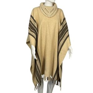 Vintage Big G Imports Mexican Wool Cowl Neck Tan Striped Fringe Poncho